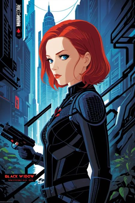 poster of black widow (natasha romanoff), highly detailed environment . digital artwork by tom whalen, bold lines, vibrant, saturated colors <lora:Tom_Whalen_XL:1>