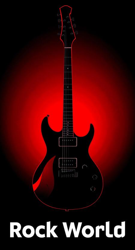 Advertisement features a modern electric guitar with a combination of black and red, and black background,
Title "Rock World"