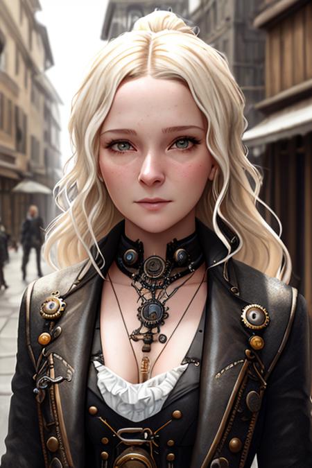 photo of morfyddclark, a woman walking down the street, (((front to camera))), detailed european face, ((((aspiring facial expression)))), (((steampunk style close))), ((steampunk city on the background)), RAW, analog style, ultra detailed photograph, cinematic lighting, artstation, 4k, sharp focus, high resolution, detailed skin, detailed eyes