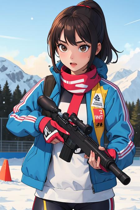 (masterpiece),( best quality), 1girl, firing rifle, triathlon, winter olympics, jacket, scope