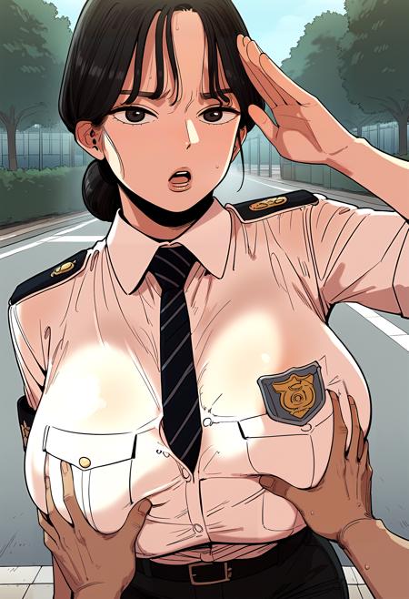 black hair, black eyes, long hair, brown hair, brown eyes black hair, black eyes, brown hair, brown eyes, single hair bun black jacket, white sweater, turtleneck, pencil skirt, black skirt police uniform, white shirt, collared shirt, breast pocket, striped necktie, black pants