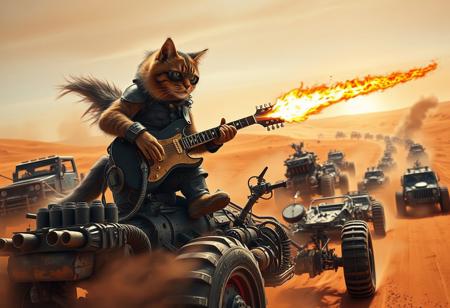 An apocalyptic wasteland scene inspired by Mad Max: Fury Road, but with anthropomorphic cats. A fierce, battle-hardened tabby cat, clad in tattered leather and war paint, stands atop a massive war rig, shredding a flaming guitar. The guitar shoots a line of fire into the dusty sky as the cat’s fur blows wildly in the wind. Its eyes burn with intensity beneath steampunk goggles, and its claws grip the instrument like a true rock god.
The war rig barrels through the desert, surrounded by a chaotic convoy of wasteland vehicles, each driven by crazed, armored feline war boys. Dust and sand swirl around monstrous, spiked cars with massive exhaust pipes belching smoke. In the distance, the endless dunes stretch beneath a searing orange sky, while war drums thunder in the background. The atmosphere is high-energy, intense, and absurdly epic, capturing the full madness of the original scene in an over-the-top feline twist.