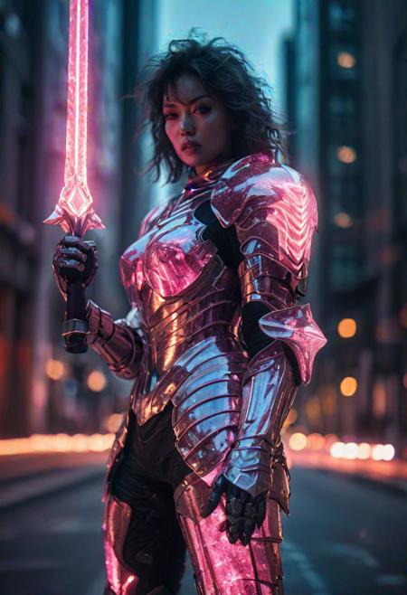 by night woman wearing translucent glowing pink glass armor, holographique armor, standing on a futuristic city street, fighting pose, dramatic light, cinematic grain, electric aura around her, hkstyle