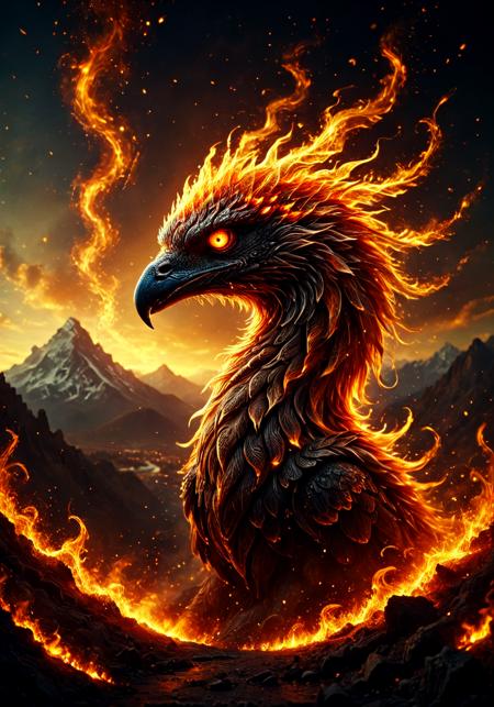 masterpiece, extremely detailed, sharp outlines, high contrast,  fine details, intricate, fantasy,  flamestyle,  phenix, mountains, vulcano,  energy, fire particles,  intricate background, bokeh,  fire swirl patterns,, flux-style, Flame_Style-000009<lora:aidmaFluxStyleXL-v0.2.safetensors:0.32000000000000006:0.32000000000000006> <lora:challenge\Pony\Flame_Style-000009.safetensors:0.6000000000000001:0.6000000000000001>