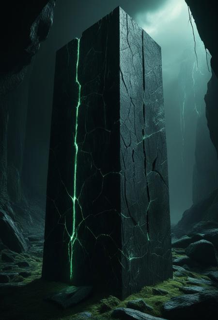 an ancient monolith with glowing cracks, dark fantasy, subtle chromatic, poisoncore, brutalist <lora:Poisoncore:1>