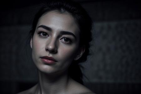 rim-lighting, 8k, extreme skin detail, (((greyscale))), very naturally beautiful face, melancholic but also very concentrated, beautiful intensive eyes, wearing only a classical oldschool nightdress, she performs a emotional and passionate expression dance in style from Pina Bausch wuppertal dance company, on a lonely theater stage, sexy young beautiful model , sweat drips running down her face, highly contrented to the classical music, timelapse moment, Dewy skin with completeley no makeup, single braid black hair , Silver beaded bracelet, shot with arri studio camera, light_particles, cinematic, dynamic_angle, action shot,
