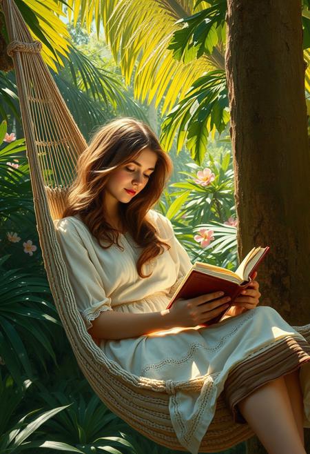 19th century Victorian oil painting. In it, a young woman is reclining in a hammock, engrossed in a book. She has long, wavy brown hair cascading over her shoulders and wears a light, flowing white summer dress. The hammock is made of soft, woven fabric with subtle patterns. It is suspended between two large, lush trees in a serene, sunlit tropical jungle. The background features soft green foliage and vibrant flowers on display, with dappled sunlight filtering through the canopy. The lighting creates a warm, golden glow on her face and hands, highlighting the texture of the book and the hammock. Gentle shadows from the trees add depth to the peaceful scene.