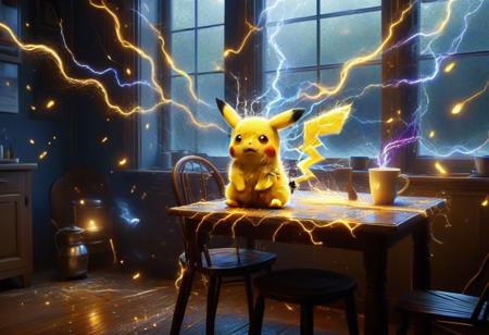 This is Fine lthndrtrl, a small cartoon-style Pikachu sits on a chair, at a wooden kitchen table, eyes wide with anxious denial yet wearing a strained smile, as golden, blue, red, yellow, and purple lightning thunder trails rip through the walls, splinter furniture, and crackle above a boiling cup of coffee; window frames warp under electric pressure, papers swirl like leaves in a storm, yet the dog remains seated, motionless — a perfect still point in a symphony of chaos; lighting emphasizes the absurd contrast between serenity and electric violence, cinematic and surreal atmosphere, This is Fine lthndrtrl, a small Pikachu, sitting on a chair, holding a cup of coffee, , smiles nervously at a kitchen table, unfazed as golden and blue and red and yellow and purple lightning thunder trails tear through the room, surreal calm amid violent energy