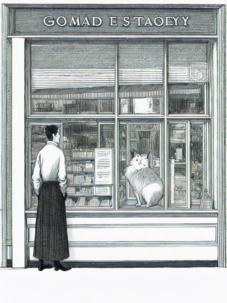 <lora:EdwardGorey:1>a drawing of a man standing in front of a store window with a cat looking out the window by Edward Gorey