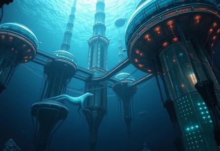 Create an ultra-detailed scene portraying a Gelid Architect in its deep-ocean habitat. The Gelid Architect is a biomechanical, intelligent species, thriving in the crushing depths of a frigid underwater world. Its sleek, translucent body reflects the icy environment, with bioluminescent streaks across its surface. The architecture around them is vast and awe-inspiring, crafted from translucent, pressure-resistant alloys that glow faintly, resembling towering coral spires with advanced cybernetic systems intertwined. The atmosphere is both dramatic and serene, with cinematic lighting emphasizing the cold, distant environment.
Depict the architectural structures in close-up: vast floating spires, linked by bridges, with glowing conduits running along metallic arches. The buildings mimic jellyfish-like designs, with domes that pulse with energy and translucent walls revealing complex internal machinery. The low-angle shot provides a wide view of the scene, capturing the full scale of this alien city under the endless ocean.
This scene has moody, contrast-filled lighting, highlighting the textures of the Gelid Architect’s smooth, icy skin. The Sony α7R IV with 1/320s, f/2.8, ISO 400 captures the captivating gaze, focusing on the detailed iris of the Architect, blending an artistic interplay of light and shadow. The RAW file format enhances the overall visual rhythm of the composition.