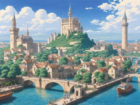 large medieval city, lively, fantasy, river, islands, bridges, harbour, white tower, spires, sparkling, majestic, beautiful, stunning, dreamlike, ethereal, magic, realistic, art, hayao miyazaki, ghibli, extremely detailed, masterpiece