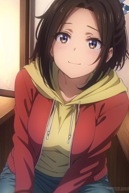 hikarihazakura, <lora:hikari hazakura s1-lora-nochekaiser:1>,
hikari hazakura, black hair, (brown eyes:1.3), hair ribbon, dark skin, dark-skinned female, smile,
BREAK jacket, pants, hood, hoodie, (red jacket:1.3),
BREAK indoors, classroom,
BREAK looking at viewer, (cowboy shot:1.5),
BREAK <lyco:GoodHands-beta2:1>, (masterpiece:1.2), best quality, high resolution, unity 8k wallpaper, (illustration:0.8), (beautiful detailed eyes:1.6), extremely detailed face, perfect lighting, extremely detailed CG, (perfect hands, perfect anatomy),