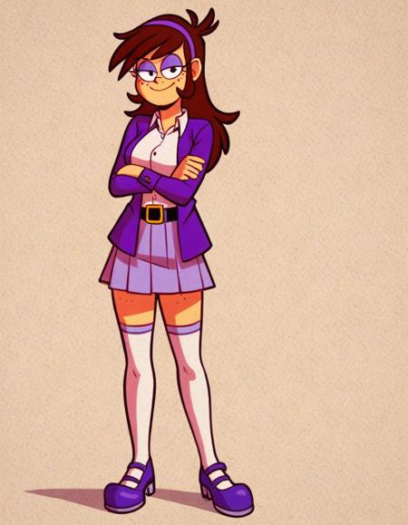 Lyra Loud XL pale skin, brown hair, long hair, purple hairband, purple eyeshadow, purple eyes, freckles, purple jacket, white shirt, belt, light purple skirt, white thighhighs, mary janes