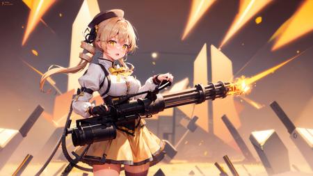 1girl,solo,breath,open mouth,standing,m134minigun,holding gun,aiming,mami tomoe,mamitomoe, boots, brown footwear, brown gloves, corset, detached sleeves, fingerless gloves, gloves, hat, juliet sleeves, knee boots, long sleeves, magical girl, puffy sleeves, skirt, striped, striped thighhighs, thighhighs, thighs, vertical stripes, vertical-striped thighhighs, yellow skirt,drill hair, twin drills, (yellow eyes:1.3),snow,winter, <lora:m134v51024:.9>, <lora:mamitest:.8>