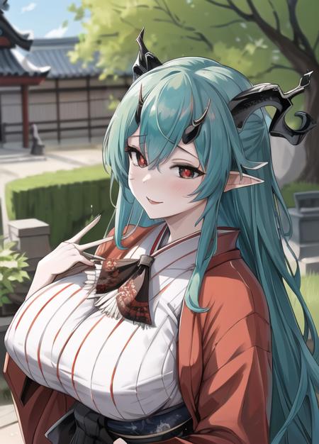 masterpiece, best quality, highres,  1girl,garden background, salus , horns, demon horns, four horns, <lyco:salus_v2:0.75>, black sclera, pale skin, red pupils, aqua hair, (kimono), (japanese kimono), (long kimono), (red kimono), (white and red kimono)