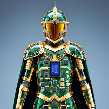 a knight in full armor made of overlapping circuit layers, joints articulated with gold-plated traces, helmet visor shaped from darkened LCD panel glass, power core glowing beneath a transparent CPU shield, cape woven from soldered ribbon cables, pcb_style