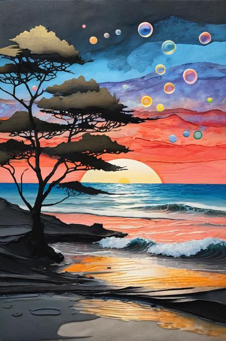 multi layer abstract,style of Charcoal and conte drawing,raised brush,minimal and abstract,background of textured paper,abstract expressionism,thick brush,highly irregular random strokes,irregular,complex,composite,collage tree and Mount,
landscape/scenery,walking,waves,wind,(((glistening light of waves))),(detailed sunset glow),(floating flow),((coral)),(Luminous),coast,(floating colorful bubbles),beautiful detailed sky,(fluorescence),detailed shadow,(conch),beautiful detailed water,starfish,meteor,rainbow,(seabirds),(glinting stars),(glowworm),(splash),detailed cloud,shell,(fireworks),(((masterpiece))),(((best quality))),((ultra-detailed)) . Composed entirely of small,distinct dots of color,vibrant,highly detailed,