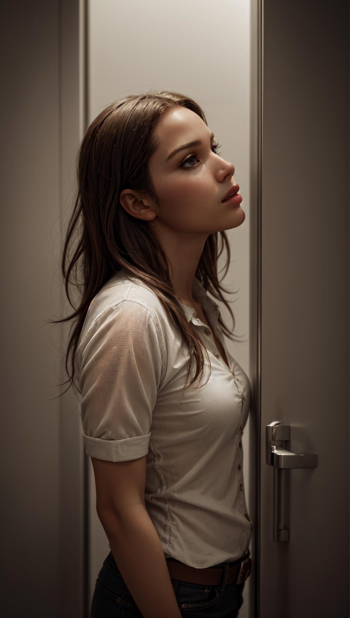 A woman with long hair wearing a white shirt and looking to the side.