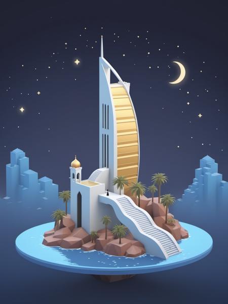 video game monument valley style, BURJ AL ARAB JUMEIRAH, stairs, water, cloud, trees, waterfall, gradient background, Night, starry sky, <lora:Monument Valley style:0.78>