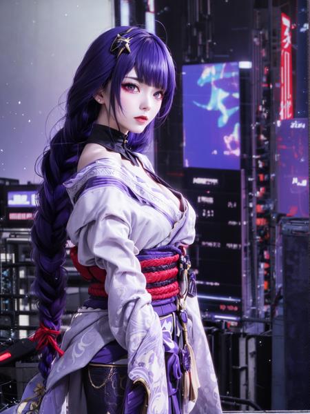 RaidenShogun, detailed clothes, white clothes, blunt bangs, braid, (breasts:1.1), cleavage, wide-sleeved kimono, hair ornament, white japanese clothes, (red obi:1.4), (purple hair:1.4), very long hair, straight hair, detailed face, cool face, (smooth chin:0.85), closed mouth, long eyelashes, sharp eyes, looking at viewer, beautiful eyes, detailed eyes, thick eyebrows, red eyeshadow, symmetry eyes, (ulzzang-6500:0.7), skirt, (from below:1.1), (cyberpunk city:1.4), from side, (rooftop:1.5), (star \(sky\):1.3),
photon mapping, physically-based rendering, RAW photo, highly detailed background, high res, perspective,