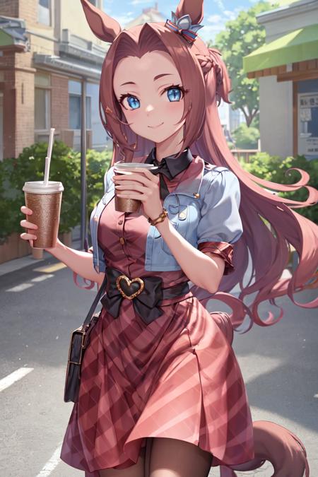 masterpiece, best quality,
kawakami princess \(umamusume\),
looking at viewer, 
closed mouth, smile,
building, street, holding cup,  disposable cup, 
casual, ear ornament, red dress, plaid dress, white jacket, open clothes, puffy short sleeves, cropped jacket, black bow, belt, 
<lora:kawakami_princess_loha:0.7>