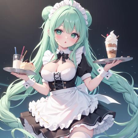 1girl, breasts, solo, green eyes, apron, maid headdress, cleavage, dress, long hair, maid, tray, short sleeves, hair bun, thighhighs, holding, holding tray, puffy sleeves, green hair, looking at viewer, bangs, puffy short sleeves, bow, blush, frills, wings, white thighhighs, black dress, white apron, wrist cuffs, maid apron, medium breasts, very long hair, single hair bun, frilled apron, large breasts, ahoge, parted lips, frilled dress, food, aqua hair, braid, ice cream, :o