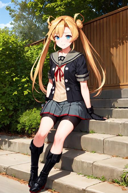 <lora:AbukumaKancolle_V10:1>, 1girl, solo,
abukuma \(kancolle\), blonde hair, long hair, hair bun, hair rings, twintails, blue eyes,
school uniform, serafuku, grey sailor collar, red ribbon, neck ribbon, black jacket, short sleeves, black gloves, partially fingerless gloves, pleated skirt, grey skirt, black shorts, bike shorts, shorts under skirt, knee boots, black footwear,
outdoors, full body,