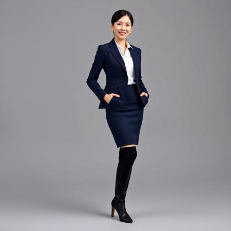 Business woman (ethnicity:Asian, age:30-40, detailed clothing:1.2, accessories:1.1, facial features:1.2, expression:pleasant, body type:slender, pose:standing), wearing a navy blue blazer and skirt suit, a white shirt underneath, and black knee-high boots,  standing in a full shot, centered in frame, facing the viewer directly, from a mid-range perspective,  simple, studio background with neutral gray tone, classic professional business attire style, photorealistic, detailed texture of fabric and footwear,  well-lit, neutral lighting,  moderate color saturation, high-quality professional portrait,  high detail.