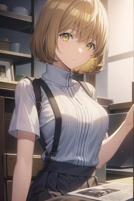 aokiyuriko, <lora:aokiyuriko-lora-nochekaiser:1>, 
aoki yuriko, short hair, brown hair, bangs, (yellow eyes:1.5), glasses,
BREAK skirt, shirt, short sleeves, pantyhose, black pantyhose, frills,
BREAK looking at viewer, 
BREAK indoors,
BREAK <lyco:GoodHands-beta2:1>, (masterpiece:1.2), best quality, high resolution, unity 8k wallpaper, (illustration:0.8), (beautiful detailed eyes:1.6), extremely detailed face, perfect lighting, extremely detailed CG, (perfect hands, perfect anatomy),