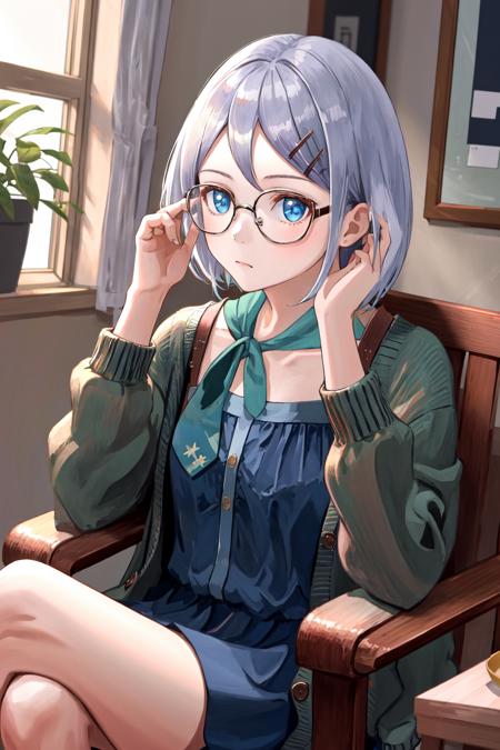 masterpiece, best quality, highres, 1girl glasses hairclip, blue dress neckerchief long sleeves open cardigan <lora:kyouko_okitegami:1> sitting, head rest