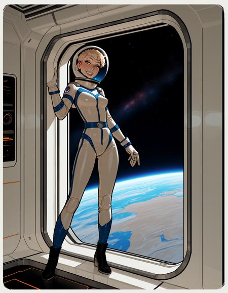 IllustriousQual, detailed face,
tall woman, solo, very short blonde hair, pixie cut, small breasts, long legs, mischievous smile,
wearing a spacesuit and helmet, 
on a space station, posing in an airlock, view of blue planet out of window,
<lora:incaseIllustrious:0.8> incase style,