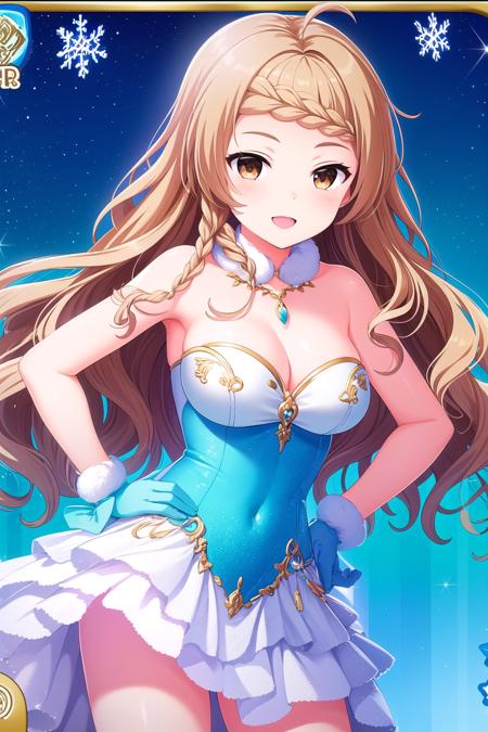 (masterpiece, best quality), highly detailed background, perfect lightingbest quality, <lora:Miyoshi-Nao:0.7>, 1girl, solo, brown hair, (wavy hair:1.5), ahoge, braided bangs, braid, long hair, brown eyes, necklace, jewelry, breasts, blue dress, strapless dress, white gloves, hands on hips, fur trim, snowflake print, smile, open mouth, pink lips.