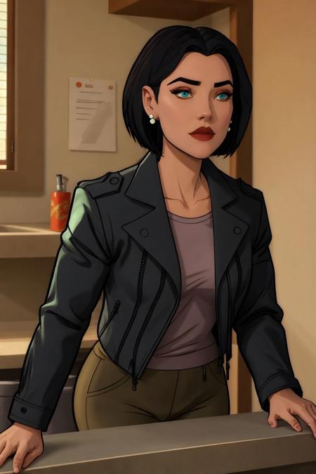  lois lane, black hair, short hair, blue eyes black jacket, shirt, green pants, stud earrings grey shirt, long sleeves, grey beanie