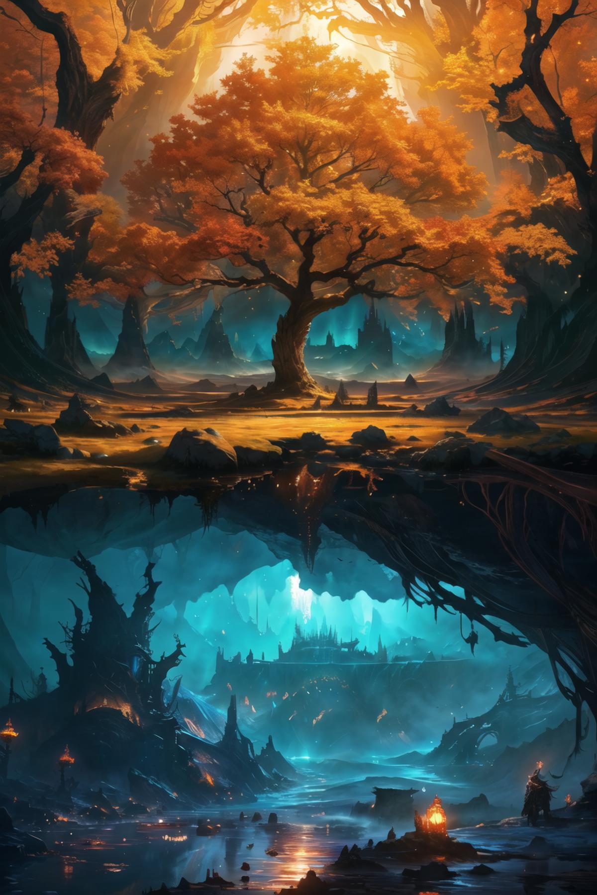 Illustration of a Tree with a Cave underneath it, surrounded by Mountains and a Forest.