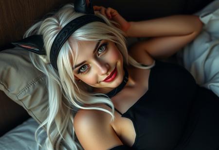 score_9, score_8_up, score_7_up, score_7, score_6_up, solo, dark elf female, in gothic black dress, gorgeous, beautiful, stunning, (white flowing hair), pretty 18 year old girl, headband with wolf ears, asymetrical hair cut, twin braids, big green eyes, coy smile, bare shoulder, (perfect breasts), photo, detailed, sharp focus, innocent, flirtatious, seductive, DV_Leah_Vicious, choker, slim girl with perfect body and pale skin, cute, pleasant, seductive, freckles, 85 mm, breasts cutout, in bed, laying on her side, hands tied up behind her head,, bite her pillow, sunburst, wet skin