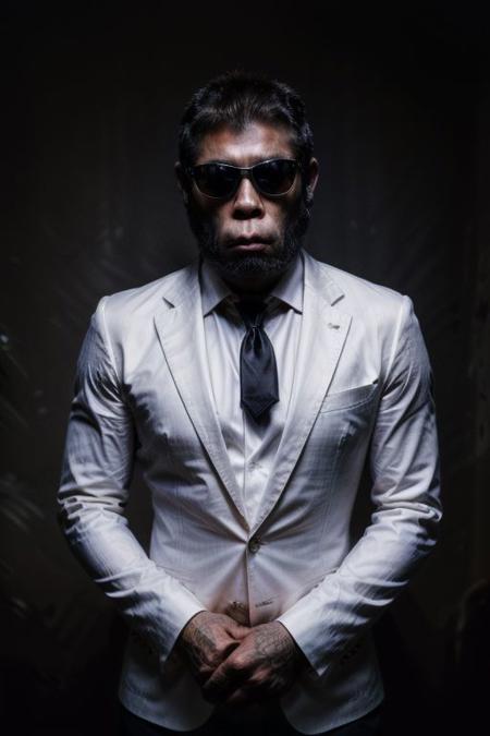 (analog photo) of a (fit male gangster gorilla) wearing a (italian black buisness suit with a white shirt and black tie) and wearing black Rayban style sunglasses, serious face,  (hands in pockets, confident posture,) masterpiece, Fine art photography, award winning photography