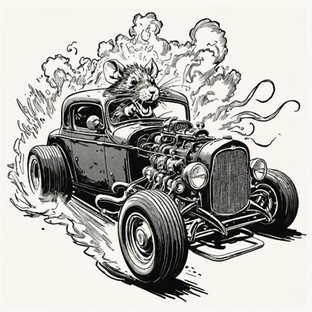 vintage clipart ink drawing of a Rat Rod doing a burnout, black and white, inked outlines  <lora:VOLK_Vintage_Clipart:1.1>