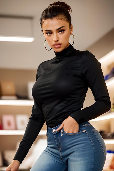 photo of beautiful young (ir1n4shayk:0.99), a woman, hair upsweep updo, (tight long sleeve top:1.2), (long jeans), in a department store, natural light, (masterpiece:1.2) (photorealistic:1.2) (best quality) (detailed skin:1.2) (intricate details) (8k) (HDR) (cinematic lighting) (sharp focus), (looking at the camera:1.1), ((closeup portrait:1.2)), hoop earrings