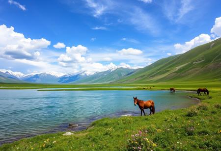 xinjiang, in the distance is the rolling snow-capped mountains, the sky is blue sky and white clouds, and nearby is a green basin. in the middle of the basin, there is water flowing from the snow-capped mountains, which flows into the lake. the lake water is clear to the bottom. there are horses grazing on the grass around the lake. there are wildflowers of various colors on the grass. very beautiful pictures, beautiful, high resolution