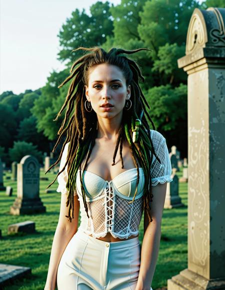 Rebecca Raven, RAW full body analogue photo of a beautiful 25 years old woman with green hair and (pale skin), clear focus, high resolution image, <lora:Rebecca_Raven_SDXL_V3:0.6> ,In the forsaken graveyard, under the ghostly pallor of the moon, a stunning girl, her makeup running like tears, haunted the graves. Her once-alluring outfit now hung in tatters, mirroring her forlorn beauty. Shadowy apparitions emerged from the tombstones, drawn to her melancholic aura. She was a mournful specter herself, trapped in an endless, macabre lamentation.,  (dreadlocks:1.3),photo Fantasy art combining the styles of Boris Vellejo and Luis Royo,Photorealistic, real photo, god rays, 1girl, 21yo,realistic, ,Sexy pose, erotic pose, exhibitionism ,Ancient monastery