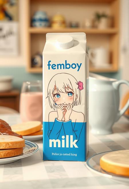 a milk box on a breakfast table. The milk is titled "femboy milk" with a anime girl character bitting her lips