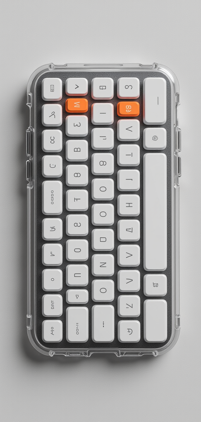 A compact wireless keyboard enclosed within a clear protective case, lying flat on a light gray surface. The keyboard features predominantly white keys with black lettering, and exotic symbols, with two distinctive orange accent keys standing out among the white keys.