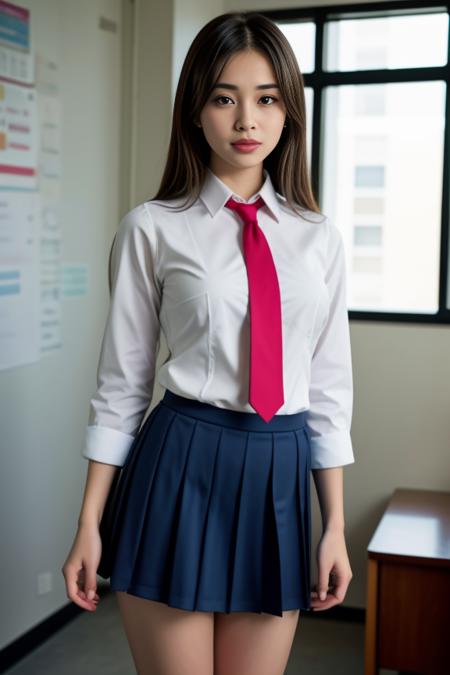 <lora:White_Blue_SchoolDress_By_Stable_Yogi:1>  school uniform, white shirt, red tie, blue pleated microskirt