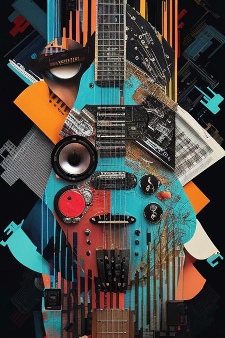 Create a striking abstract collage using vibrant cutout images of musical instruments. Blend them together in an unusual way with glitch effects.