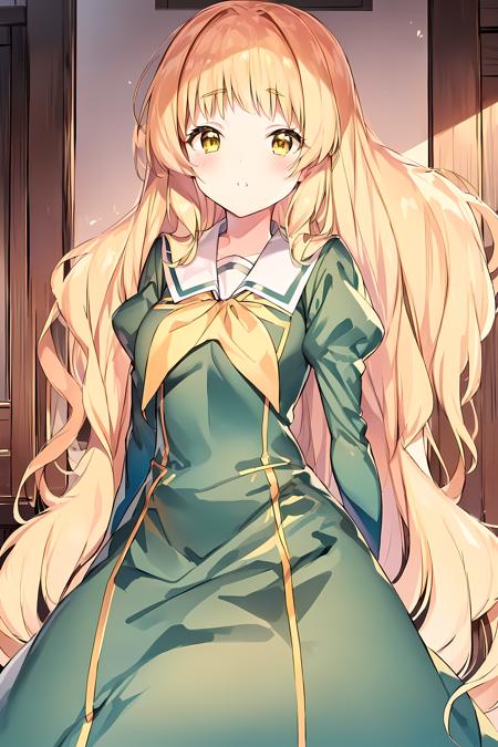 <lora:LoRA_Shiraki_Hime:1>, Shiraki Hime, 1girl, long hair, blonde hair, green dress,