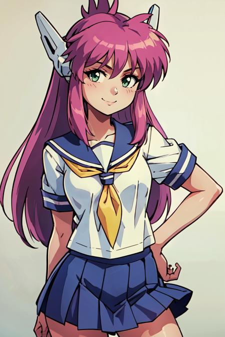 zzNukuNuku, green eyes, pink hair, long hair, robot ears, zzNukuNuku, green eyes, pink hair, long hair, robot ears, school uniform, serafuku, blue skirt, white shirt, retro artstyle, 1990s (style),