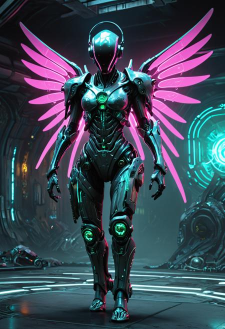 A fully enclosed robed biopunk mechsuit with energy wings. A merge of a cyborg, elf princess and cyberpunk netrunner suit. The mechsuit is a mix of neon colors and grim moody aesthetic. The mechsuit is Dancing in a sci-fi nightclub. Full length image. Background is alien landscape on an alien planet. <lora:EpicF4nta5yXL:0.35> . award-winning, professional, highly detailed . extremely high-resolution details, photographic, realism pushed to extreme, fine texture, incredibly lifelike, high contrast, well defined, <lora:Zariman_PONY:1>