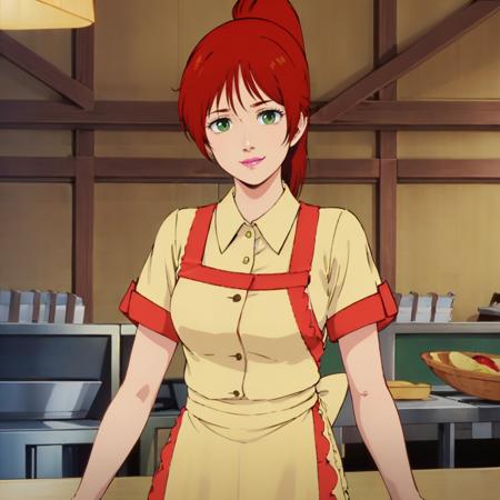 cecilia,1woman, cecilia,1woman, long hair,high ponytail,red hairbangs,green eyes,lipstick, waitress,yellow uniform,collared dress,buttons,short sleeves,layered sleeves,apron,frill, shoes, cecilia,1woman, long hair,high ponytail,red hairbangs,green eyes,lipstick, blue jacket,open jacket,shirt,buttons,short sleeves,blue shirt,collared shirt, shirt tucked in,clothes around waist,blue skirt, blue footwear,shoes,
