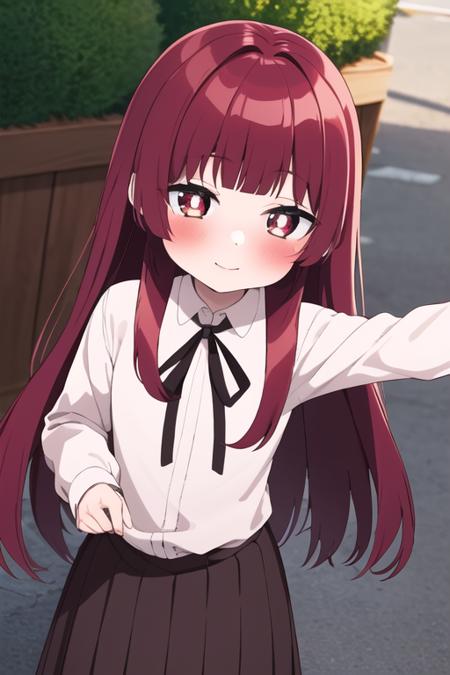 ((masterpiece, best quality)),1girl,standing,smile, outdoors,bangs, yaeka sakuragi, blush, collared_shirt,  long_hair, long_sleeves, looking_at_viewer,  pleated_skirt, ,neck_ribbon, red_hair,white shirt,<lora:yaekamix:0.9>