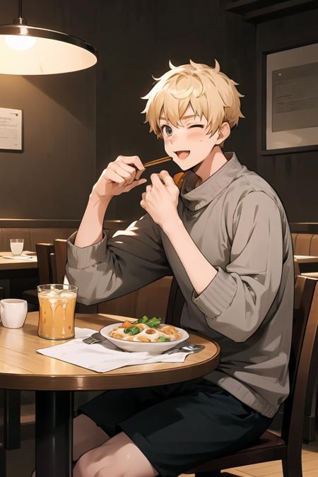 <lora:noyrv4:0.7> male focus, male only, restaurant, dimly lit restaurant, sitting at table, eating noodle soup, happy, muscular male, blonde hair, grey sweater, shorts